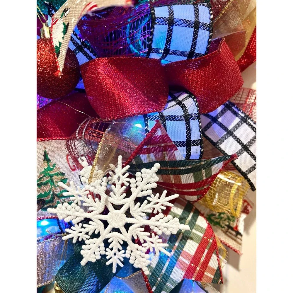 Handmade Christmas Gnome in Sleigh Holiday Ribbon Door Wreath 26 ins LED XLW2